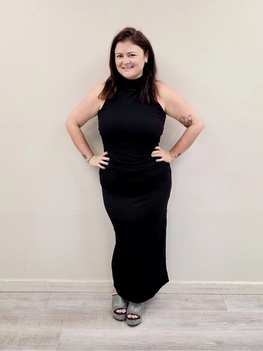 Beyond by Ashley Graham Black High Neck Ruched Bodycon Maxi Dress - Size 14